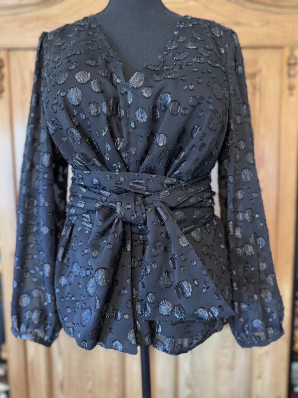 Navy Circle Print Belted Blouse Size XL